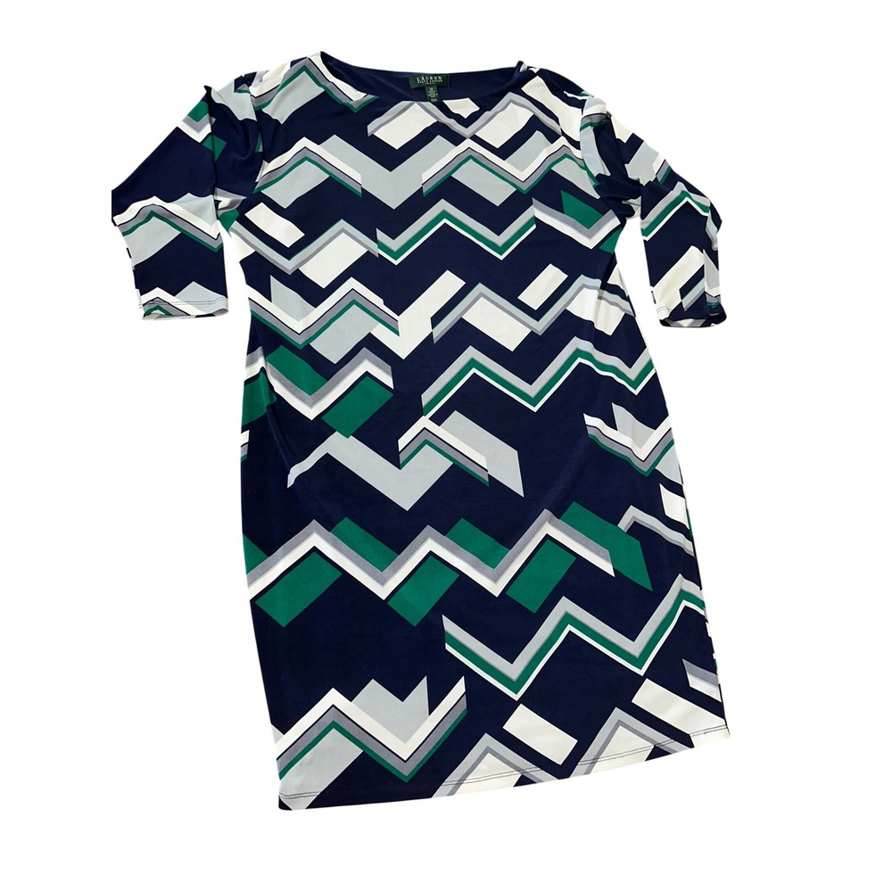 Lauren Ralph Lauren Dress 10 Navy Blue Green Chevron Sheath 3/4 Sleeve Geometric